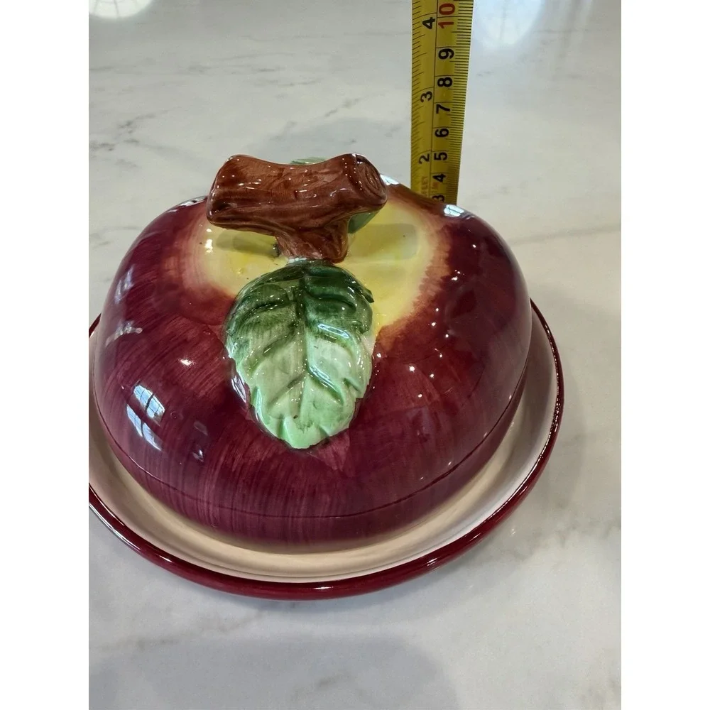Figural Apple Covered Butter Jam Dish Cottagecore Granny Lidded VTG Country Farm